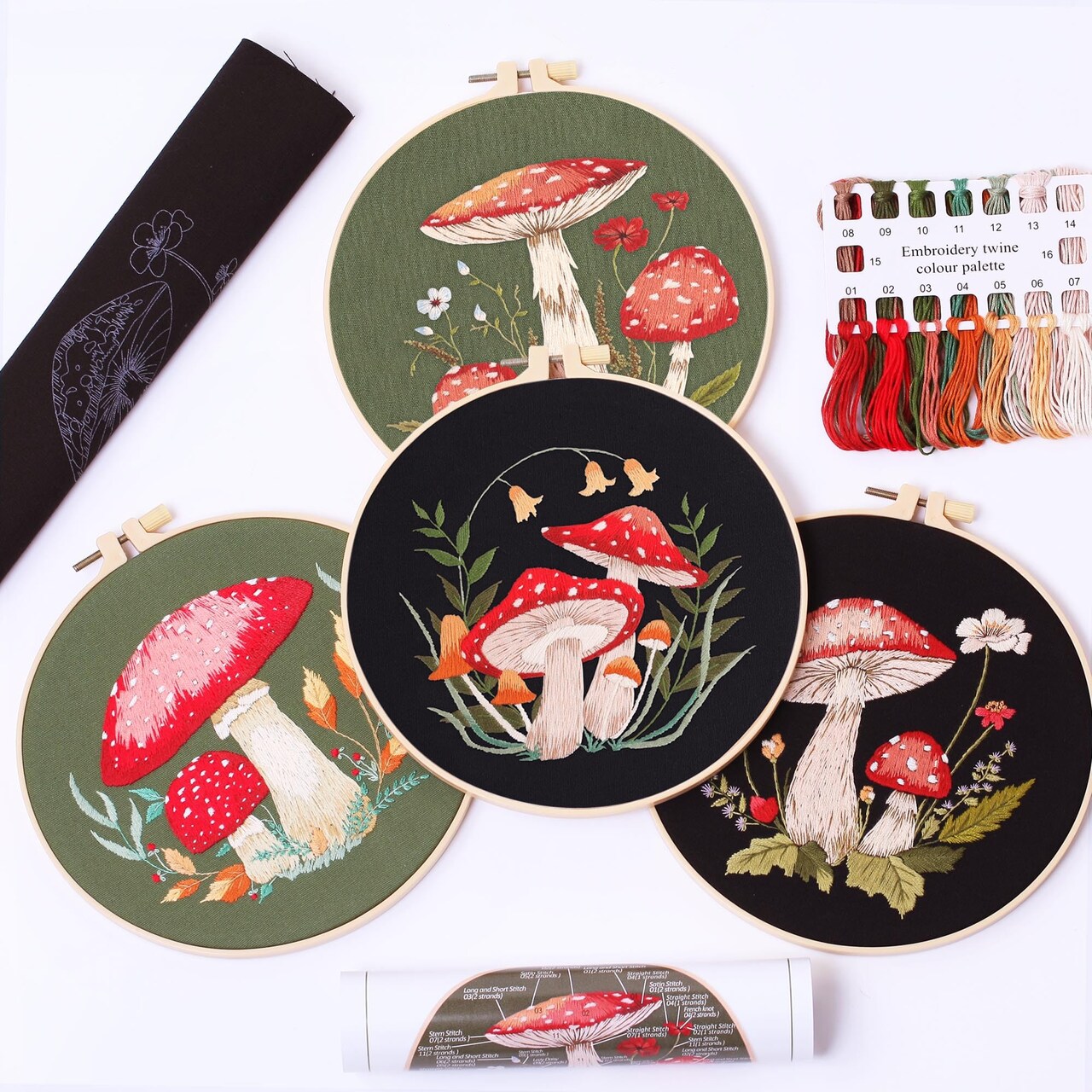 REEWISLY 4 Pcs of Embroidery Starter kit with Patterns and Instructions, DIY Adult Beginner Embroidery Kits, Including 2 Plastic Embroidery Rings, 1 Pair of Scissors, Colored Threads and Needles